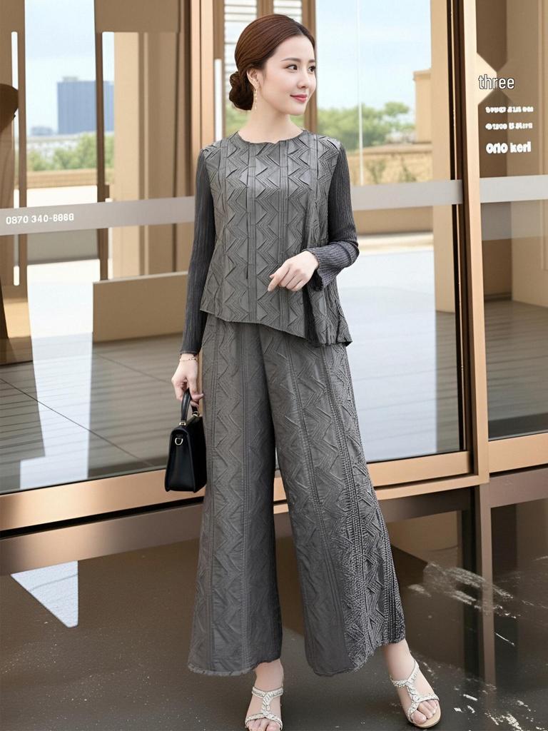 Mom's Set Women's 2026 Issey Miyake Pleated Straight-leg Trousers Two-piece Set for Spring