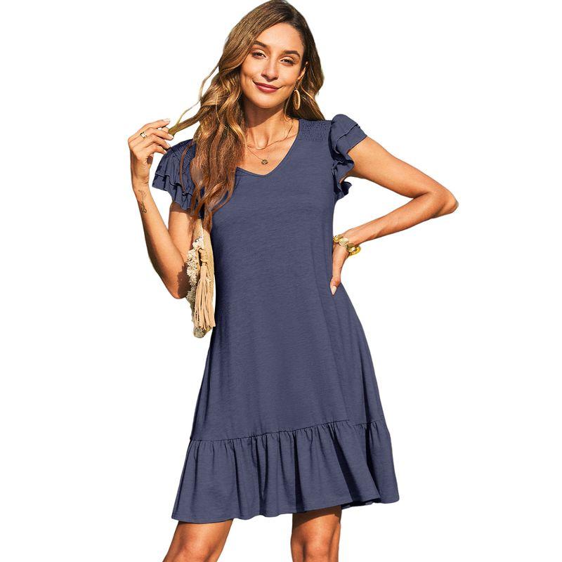 

American Shiying Pure Color Loose Belly-Covering Short Skirt Women 2025 Summer New Arrival Casual Wind V Neck Dress Women Dark blue P605 XL code fits (70.00 kg-75.00 kg