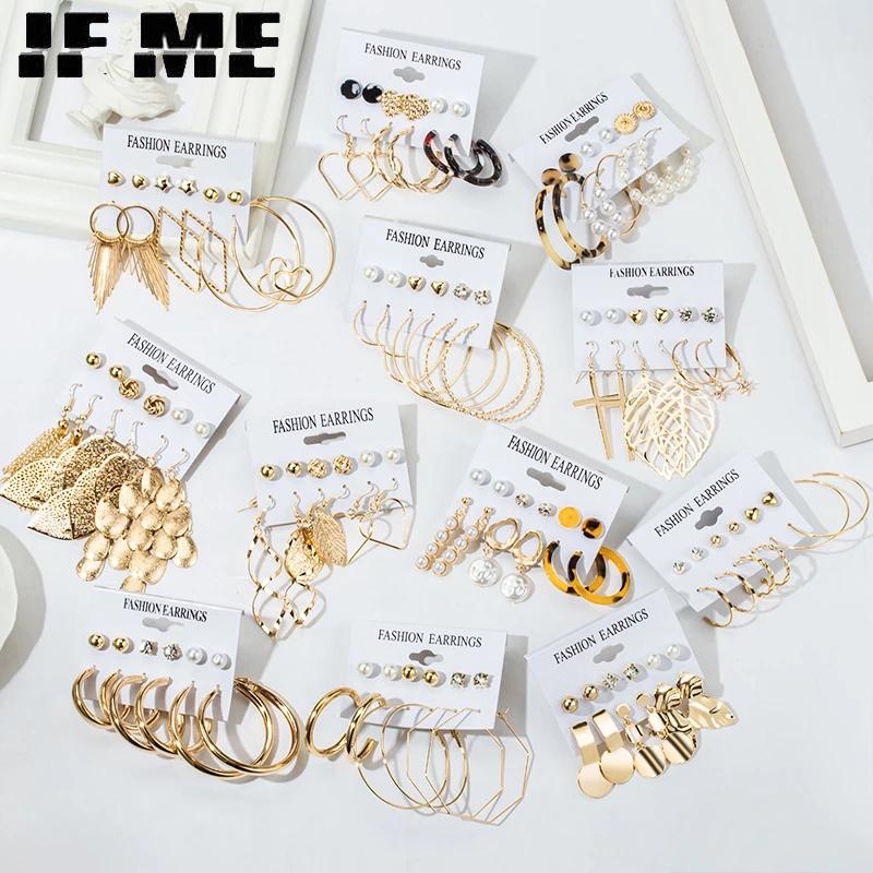 IF ME Korean Geometric Tassel Earring Set Simple Retro Leaf Heart Gold Earrings Jewelry Accessories