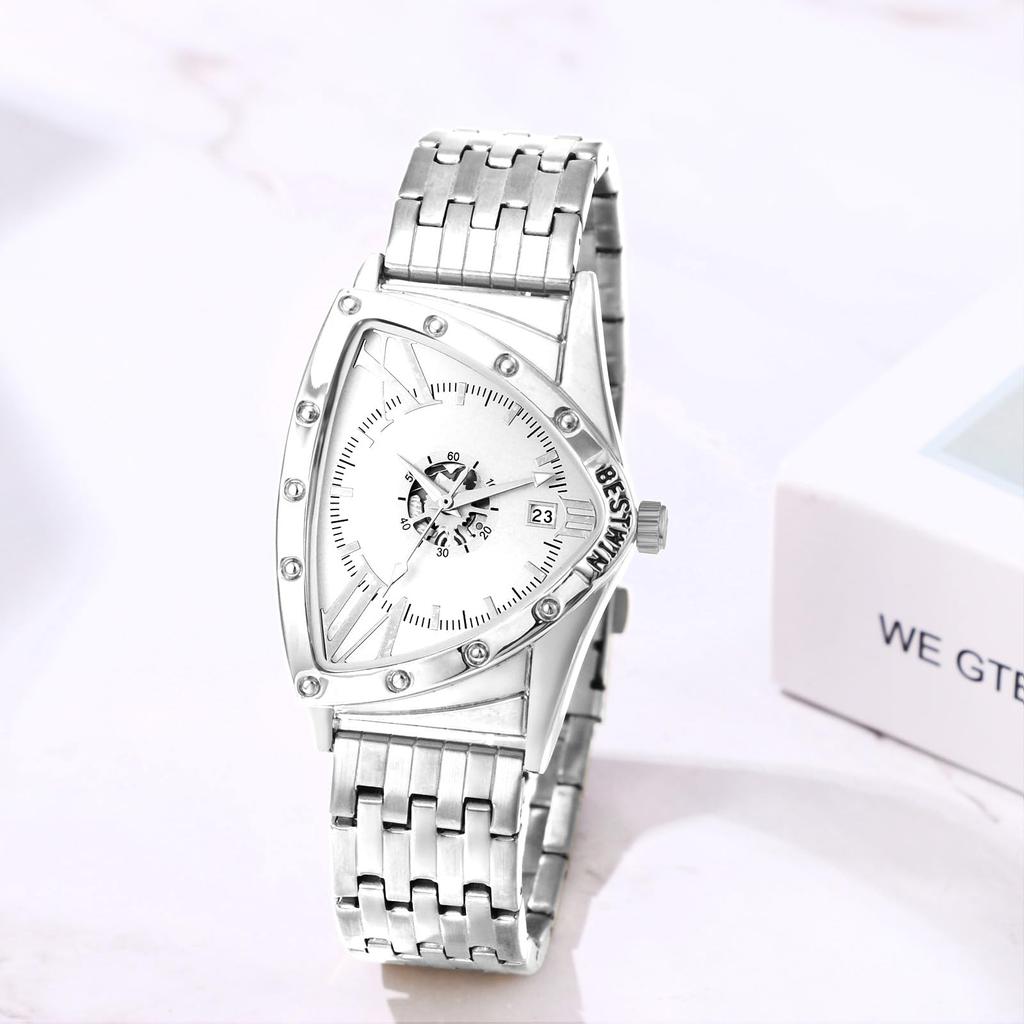 Wasserdichte und regendichte Herrenarmbanduhr mit dreieckigem Zifferblatt, Edelstahl-Strichindizes, verstellbarem silbernem Gehäuse, silbernem Armband, weißem Zifferblatt und