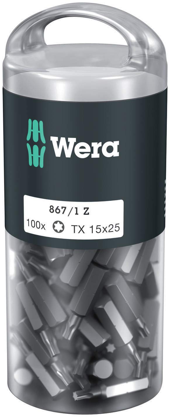 

WERA Torx Screwdriver TX15 Cutting 25mm Overall 072447 100-Pack Bits, 6.35mm Drive, Edge, Length,