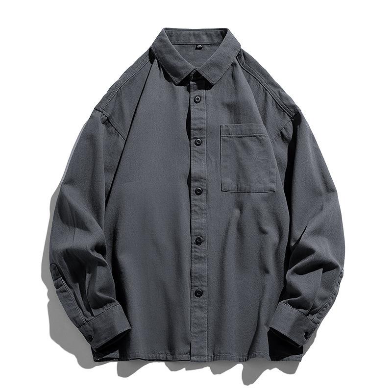 Camisa de algodão masculina nova primavera casual solta cor sólida ferramenta japonesa tendência I camisa de manga comprida