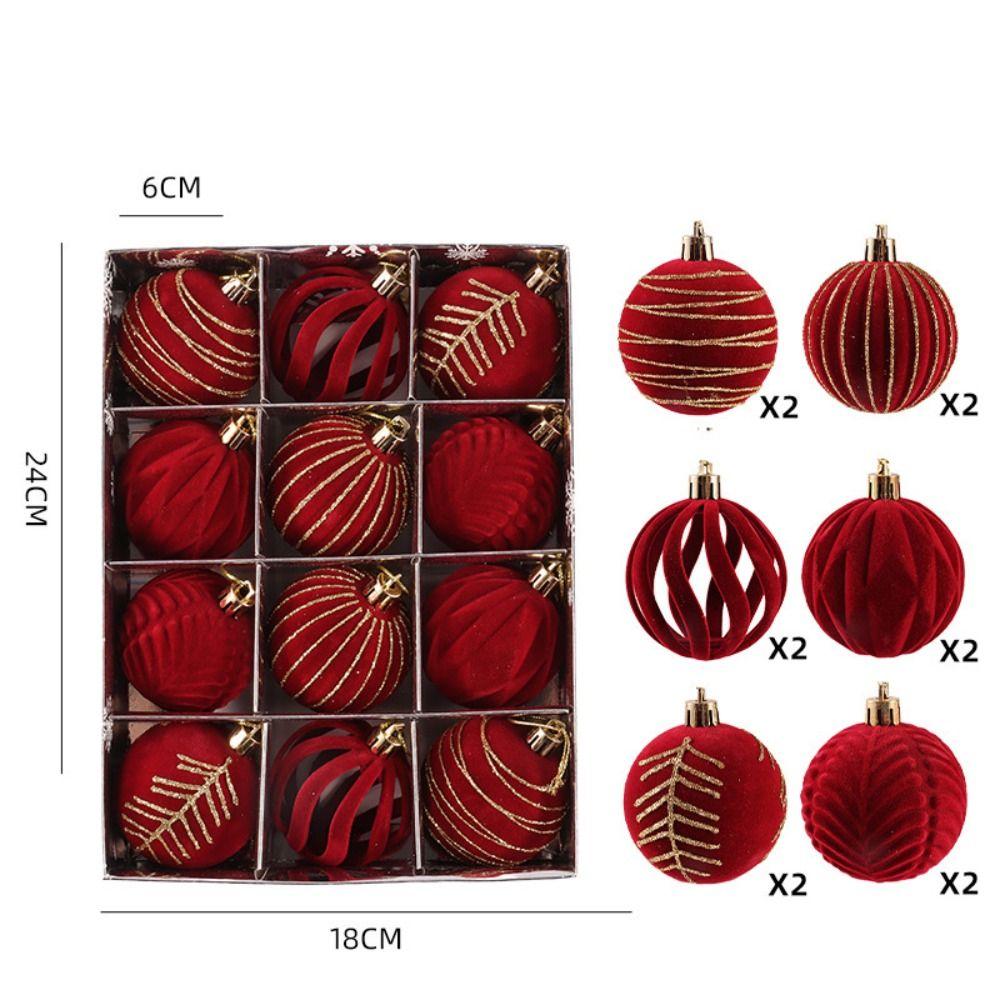12PCS Flocked Finish Hollow Ornament Pendant Red Color Velvet Tree Bauble  Christmas Tree