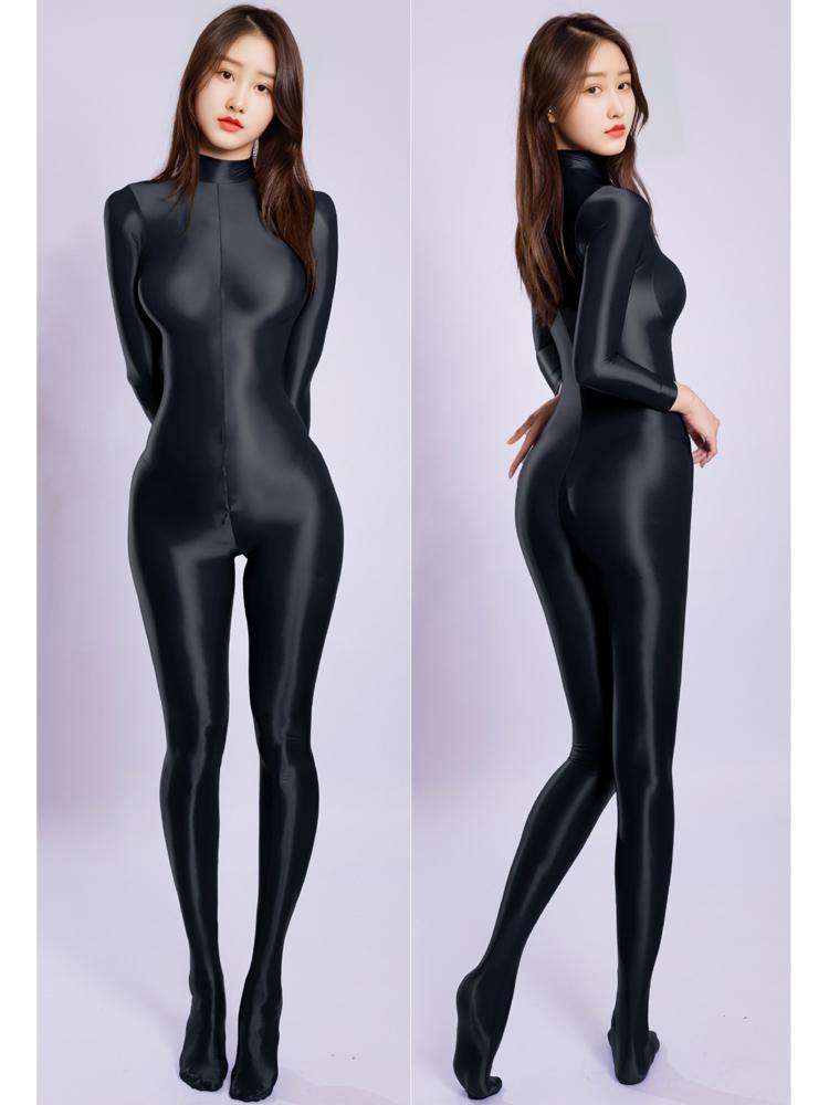 M XL Glänzend Nylon Catsuit Bodystocking Reißverschluss Offener Schritt Bodysuit Strumpfhose Leotard Einteiler Jumpsuit Fitness Body