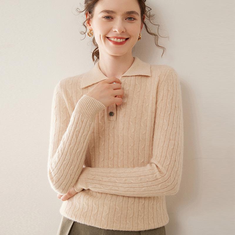 Women's Cashmere Cable Knit Polo Collar Pullover - Long Sleeve, Warm, Fashionable, Versatile Autumn/Winter Base Layer Top.
