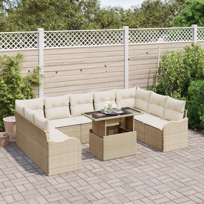 Ensemble de canapés de jardin vidaXL 10 pièces avec coussins Beige Rattan Poly 3348527