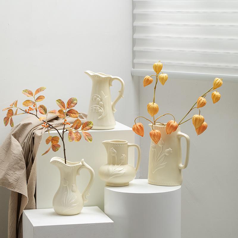 Ceramic Vase Retro Porcelain Teapot Relief Tulip Flower Vase Flower Arrangement Accessories Flowerpot Home Decoration