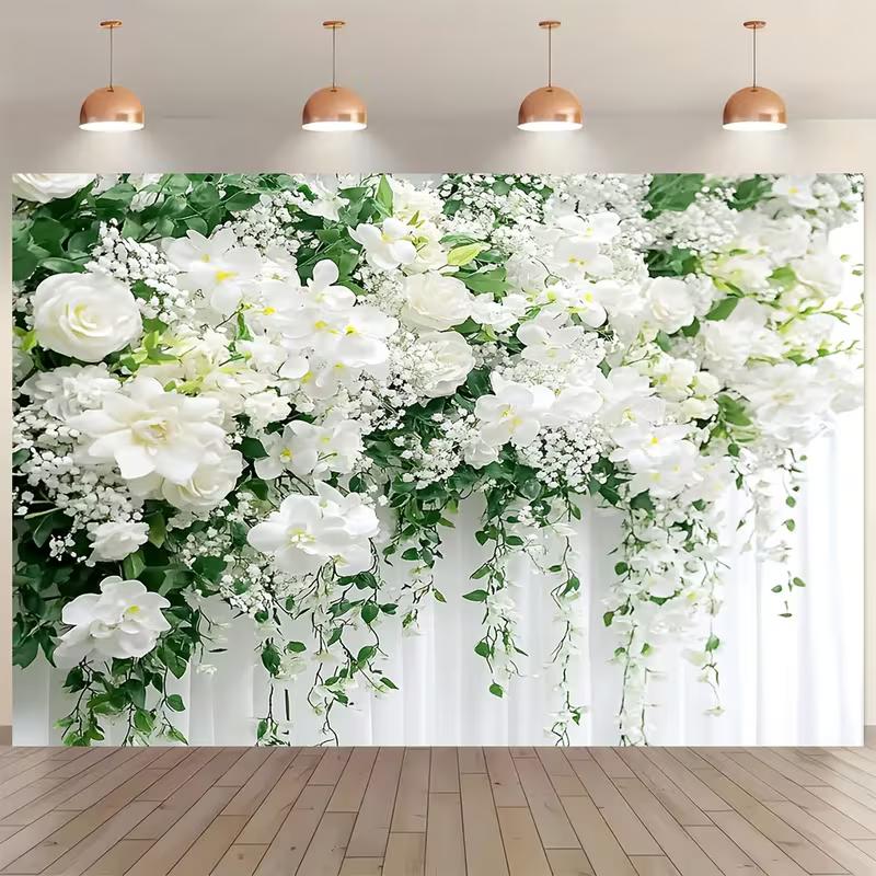 2D Printed Backdrop with White Roses, Greenery and Draped Curtains