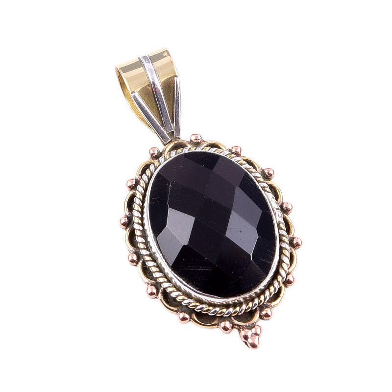 Natural Black Onyx Gemstone 925 Solid Sterling Silver Two Tone Pendant 1.5" h8N13