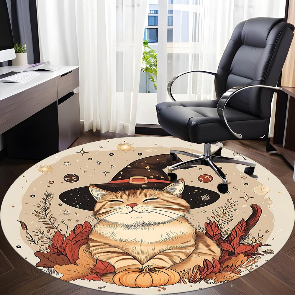 1PC Witch Cat Office Round Area Rug,  Mat Suitable ForOffice, Under Office Chairs Bedroom Living Room Home Decor, Room Deco