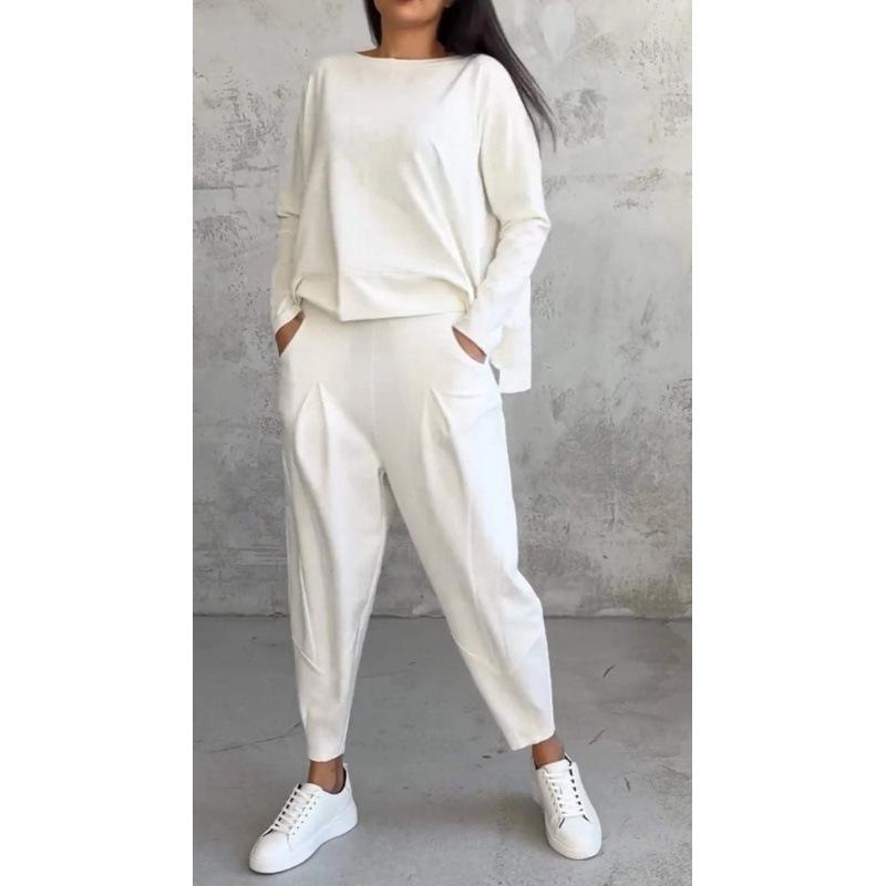 2026 Solid Color Round Neck Women's Clothing Set - Long Sleeve Top & Pocket Pants