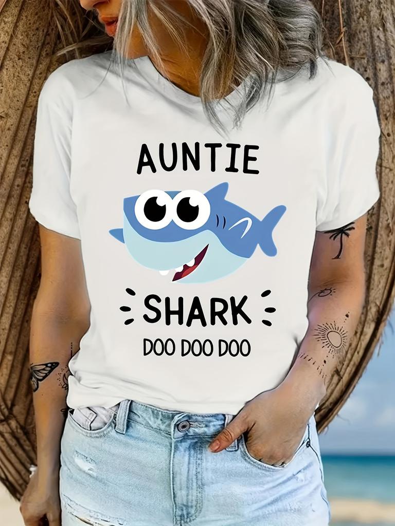 Cartoon Shark & Letter Shirt Short Sleeve Neck Fashion Casual Sport Basic Clothes Harajuku Style Summer Women'S Graphic T-Shirts