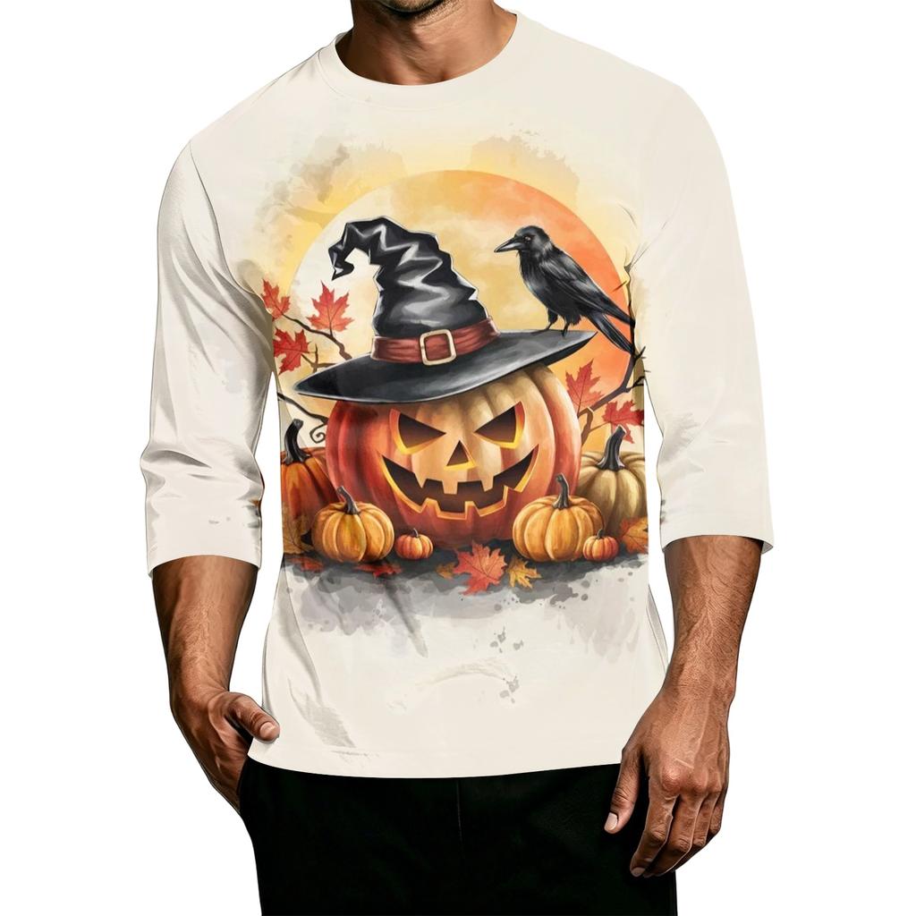 Men's Casual Halloween Print Crew Neck 3/4 Sleeve T-Shirt Lightweight Breathable Fabric Comfortable Fit