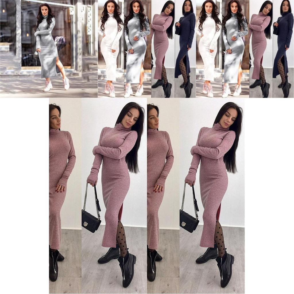 Luxurious Autumn And Winter Women's High Collar Sweater Dress In Solid Color