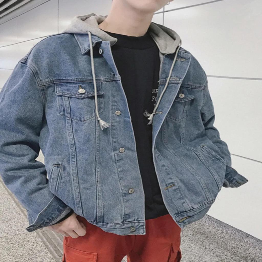 Men's Trendy Korean-Style Denim Hooded Jacket - Fake Two-Piece Autumn Top