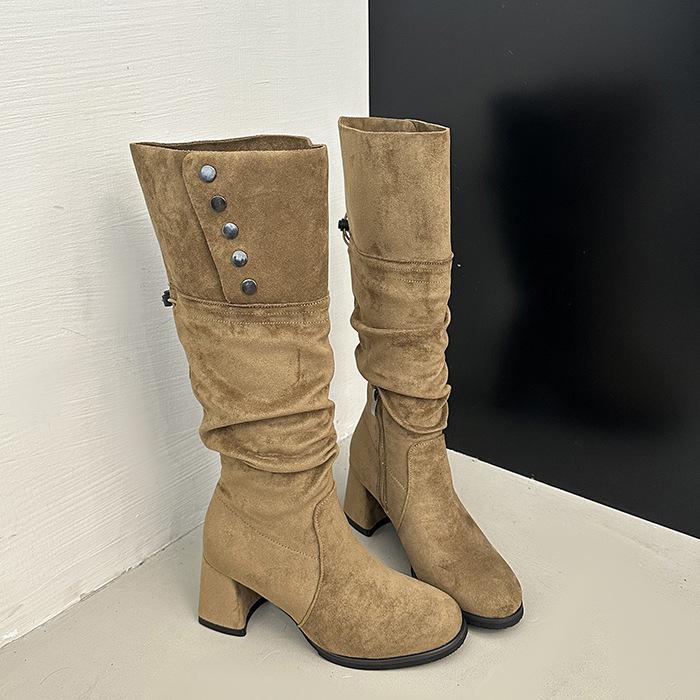 Retro Versatile Design Thick Heel Tall Knight Boots Women's 2025 Autumn and Winter New Suede Maillard Fashion Boots