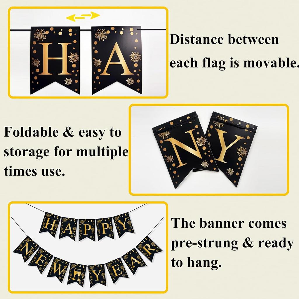 Happy New Year Banner 2026 New Years Eve Party Supplies Black and Gold Party Decorations with Pattern Firework Champagne for Photo Booth Backdrop NYE