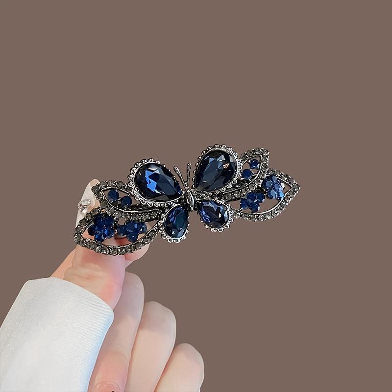 1Pcs Alloy Butterfly Spring Hair Clip, Exquisite Glass Crystal Elegant Horizontal Top Clip for Half Up Hairstyle