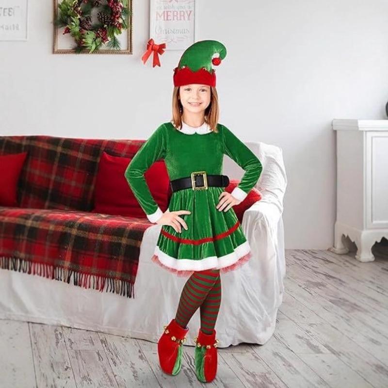 Girls Christmas Elf Dress Costume Elf Cosplay Costume Velvet Dress Suitable for Christmas Party