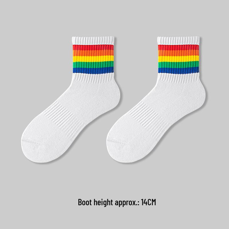 

Men’s Rainbow Striped Mid-Calf Cotton Socks - Thickened, Sweat-Absorbing, Odor-Resistant for Autumn/Winter Thin Style One Size (38-45)