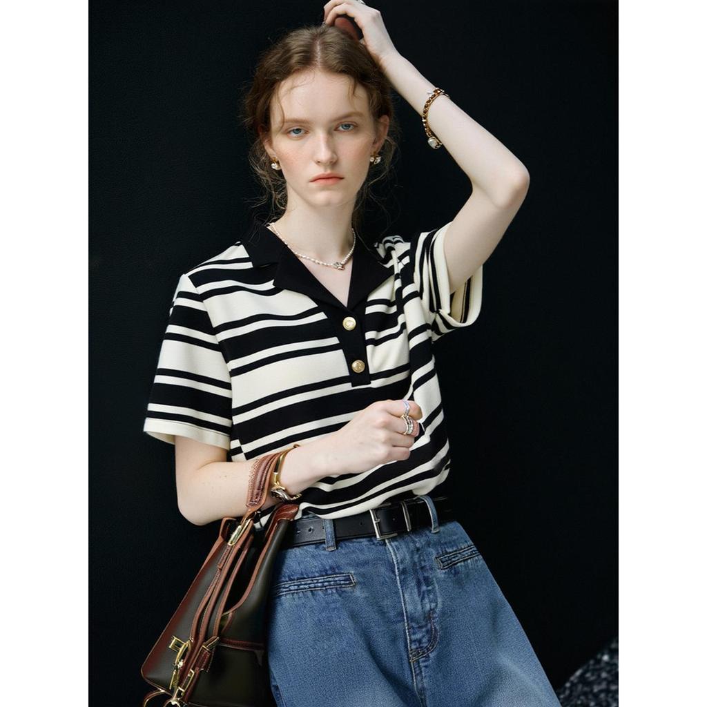 Jomi, French POLO collar contrasting color striped short-sleeved T-shirt women's summer new casual versatile top