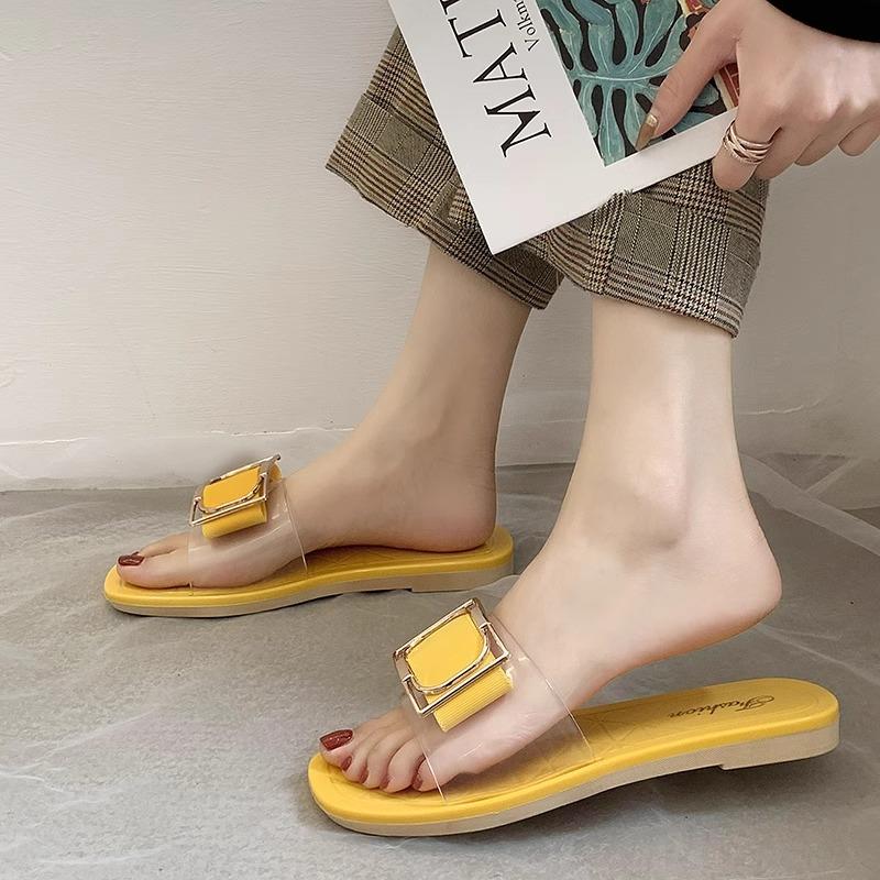 Korean Aesthetic Square Buckle Slides, Clear Strap Student Flip Flops, Summer Casual Sandals for Campus & Street Style