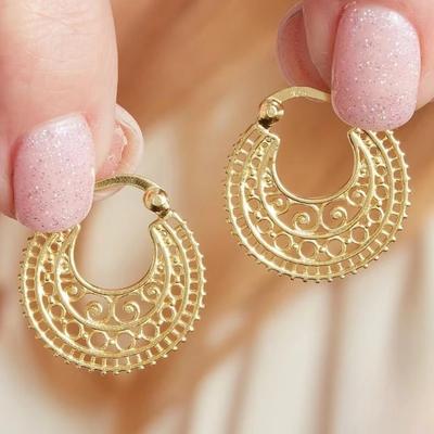 Bohemian Style Hand Carved Hollowed Golden Plated Hoop Earrings for Women  Exquisite Banquet Wedding Jewelry Accessories
