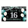2D Plane 1 Piece of Sweet 16th Birthday Banner Equipped with Green Balloons and Glitter Design
