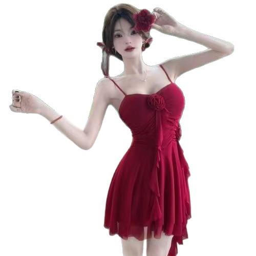 Gentle wind flower streamer ruffle high elastic slip dress women's summer waist sexy fringe niche short skirt