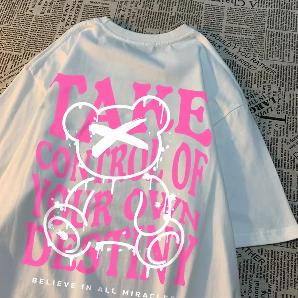 Take Control Of Your Own Destiny Pink Bear Clothes Men Vintage Oversized Casual Wears Couple Sweat Tshirts Summer Cotton T Shirt