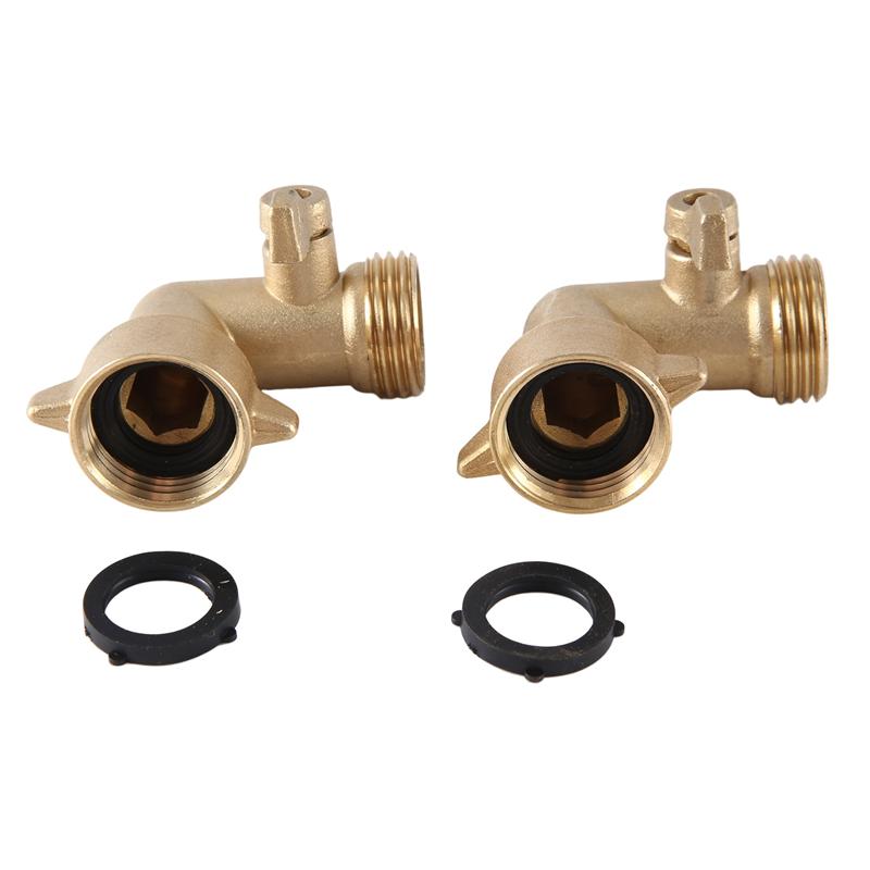 A84X-2Pcs 90 Degree Garden Hose Elbow Adapter Faucet Connector With Shut Off Valve With 2 O-Rings Solid Brass