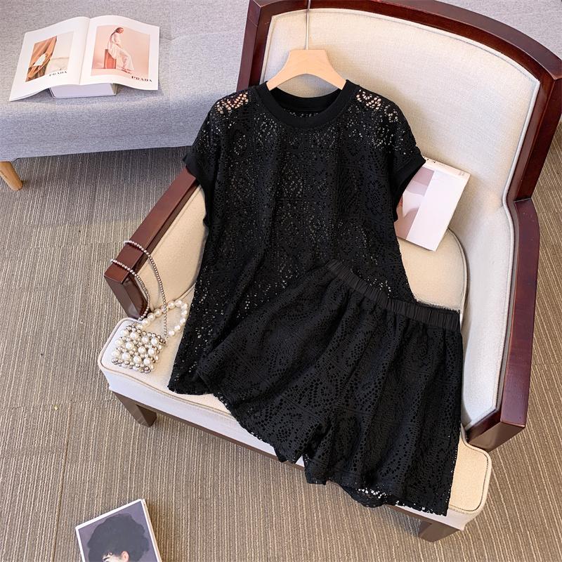 

DIMANAF Новый костюм 2025 Женский Вязаный Пляжный Короткий рукав Кружево Короткие шорты Ажурный Сексуальный О-образный вырез Летний стиль Топы Футболки Свободный Базовый 4XL чёрный