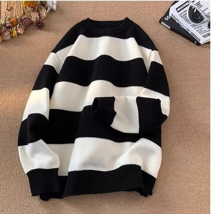 2025 Casual Color Block Striped Knit Sweater - Autumn Winter Unisex Round Neck Warm Top