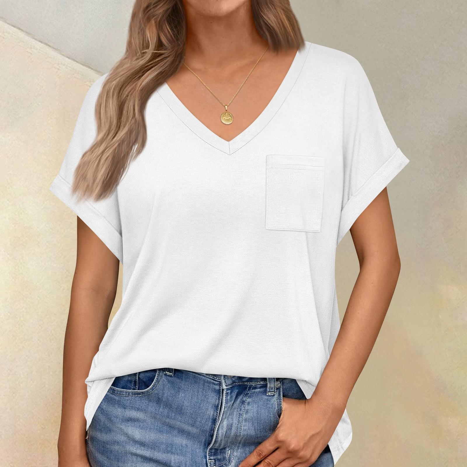 

Женские топы с коротким рукавом, рубашки с v-образным вырезом и нагрудными карманами, свободные повседневные базовые футболки, летняя одежда XL белый