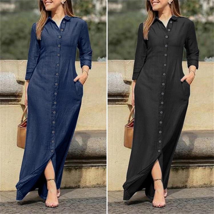 European-American Denim Shirt Dress with Pocket & Large Hem, Plus Size, 2025 Collection, Q327