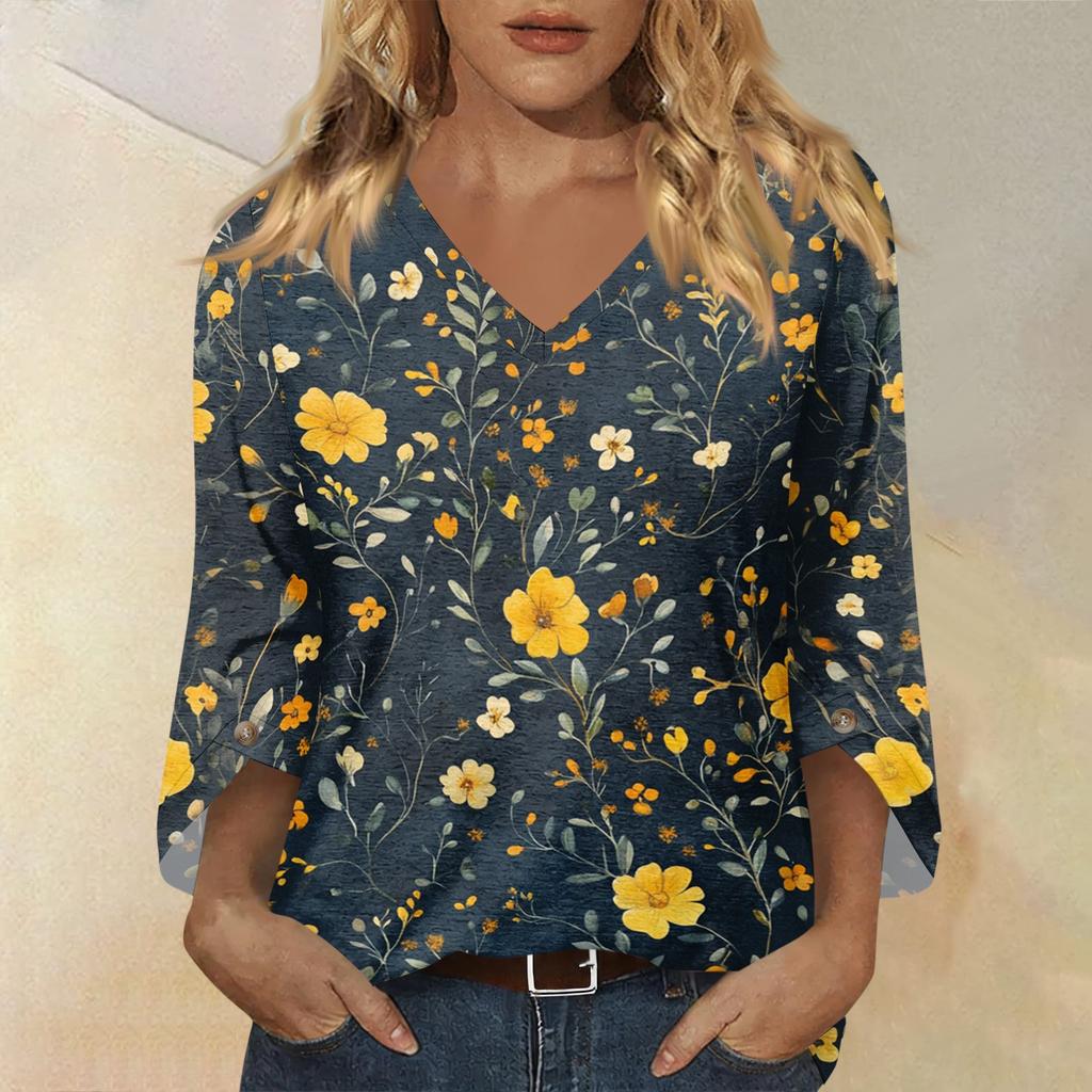 Womens V Neck Three Quarter Sleeve Floral Print Casual Loose Fit Top Comfortable Lightweight Blouse for Daily Wear Office and Travel