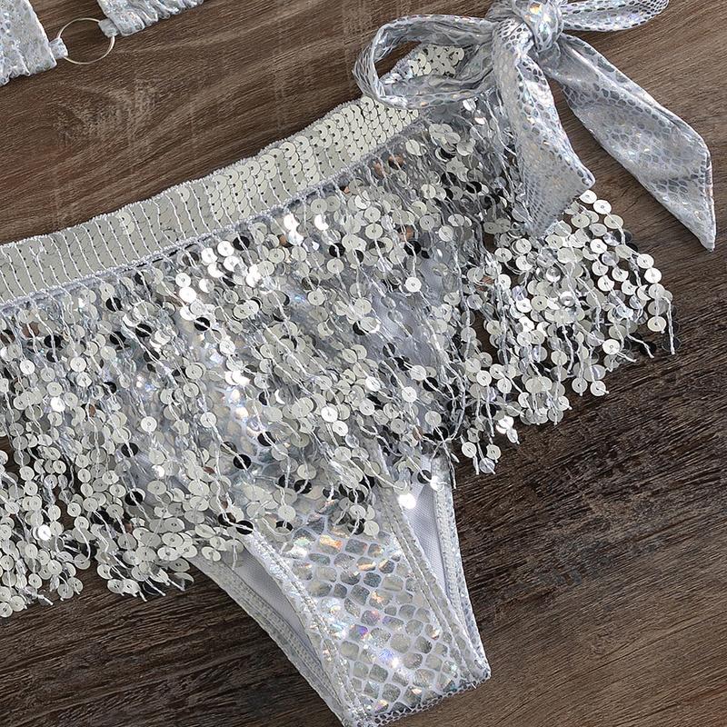 2022 Sequins Swimsuit for Women Sexy Backless Push Up Triangle Thong 3 Pieces Bikini Set High Waist Female Swimwear Bathing Suit