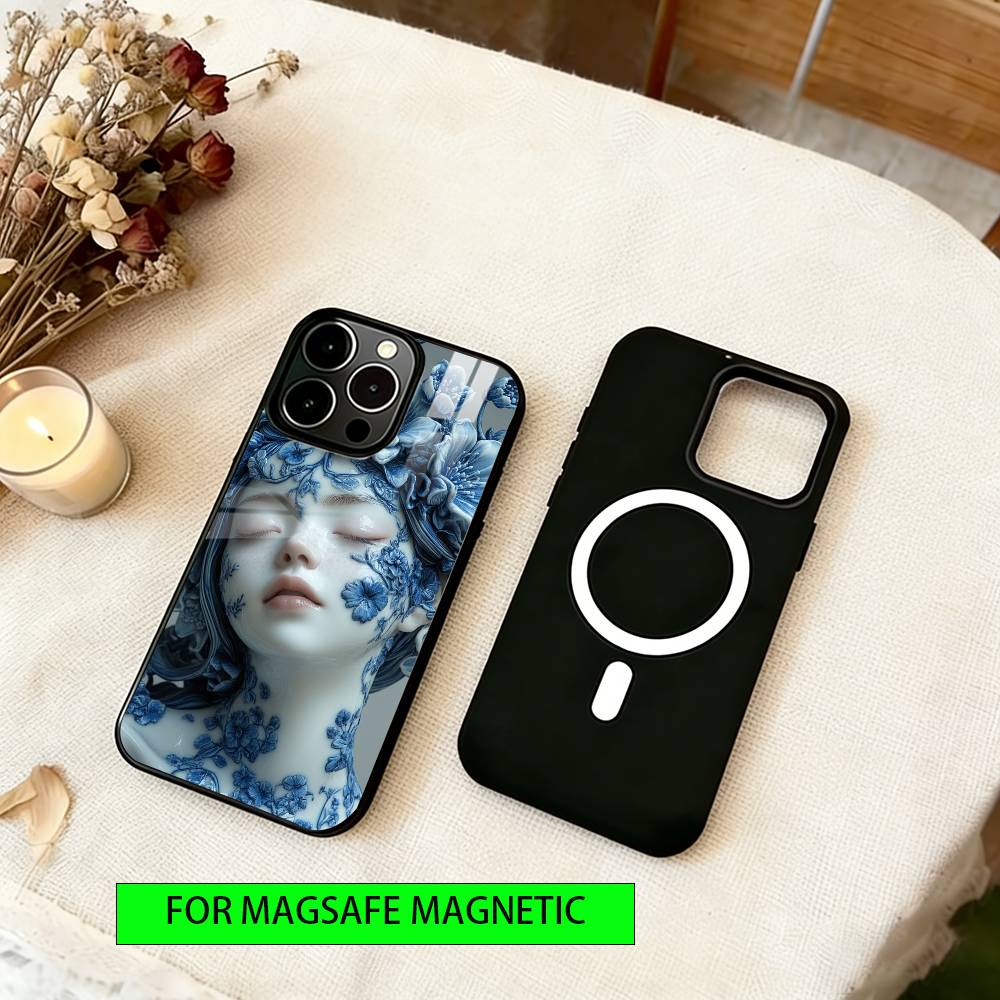 Blue & White Grace Phone Case For iPhone17,16,15,14,13,12,11 Plus,Pro Magnetic with Magsafe Wireless Charging