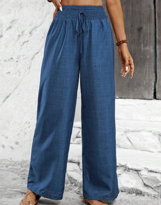 Women High Waist Elastic Drawstring Wide Leg Pants Solid Denim Look Straight Trousers Summer Casual Loose Long Pants Factory Supply