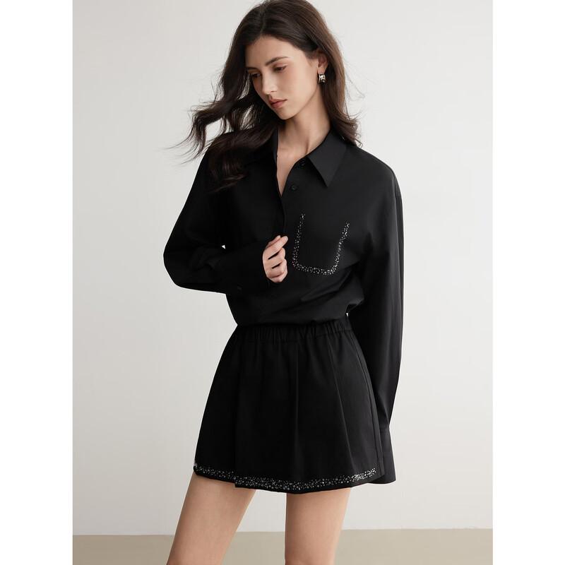 ELLE French Black Embroidered Long-Sleeve Shirt M