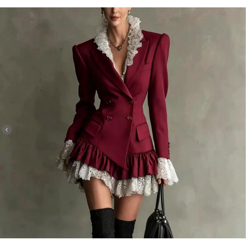 Womens Elegant Office Wear Lace-Panel Long Sleeve Blazer Dress Coat 2026