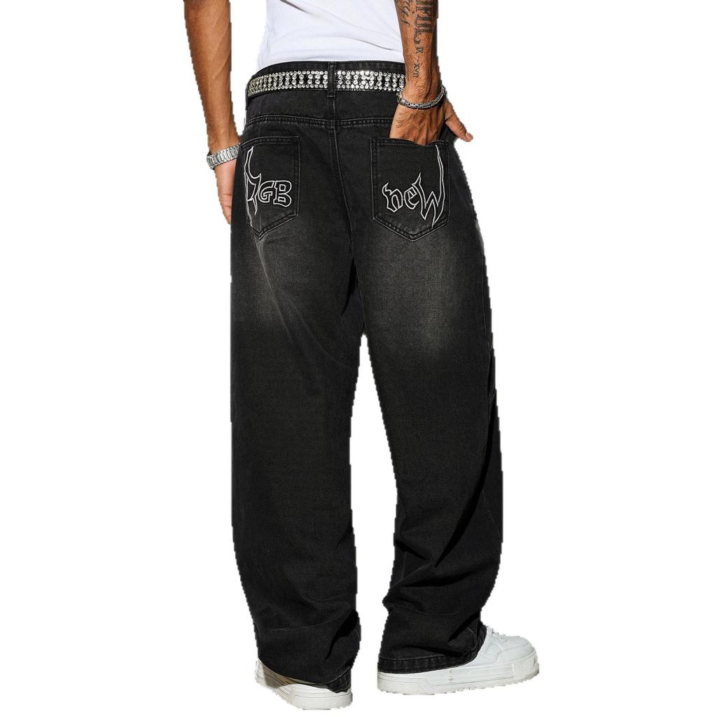 Europäische und amerikanische Hip-Hop-Baggy-Jeans Herren Amerikanischer High-Street-Stil Alt gewaschen Buchstabengravur Krummsäbel Weite Hosen