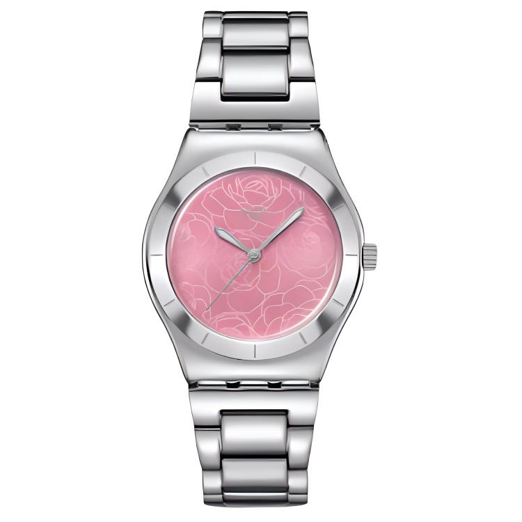 Swatch Irony Metal Series Quartz Movement 30M Waterproof Fashion Style Watch 33Mm Pink Dial Stainless Steel Case Stainless Steel Strap YLS234G Pink Watch Dial