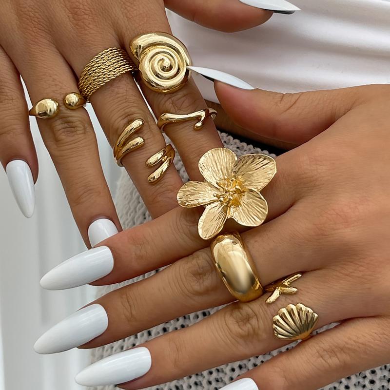 8 Stuks/Set Vintage Metalen Bloemblaadje Bloem Waterdruppel Open Ringen Voor Vrouwen Oceaan Vakantie Geometrische Ring Dagelijkse Sieraden Cadeau