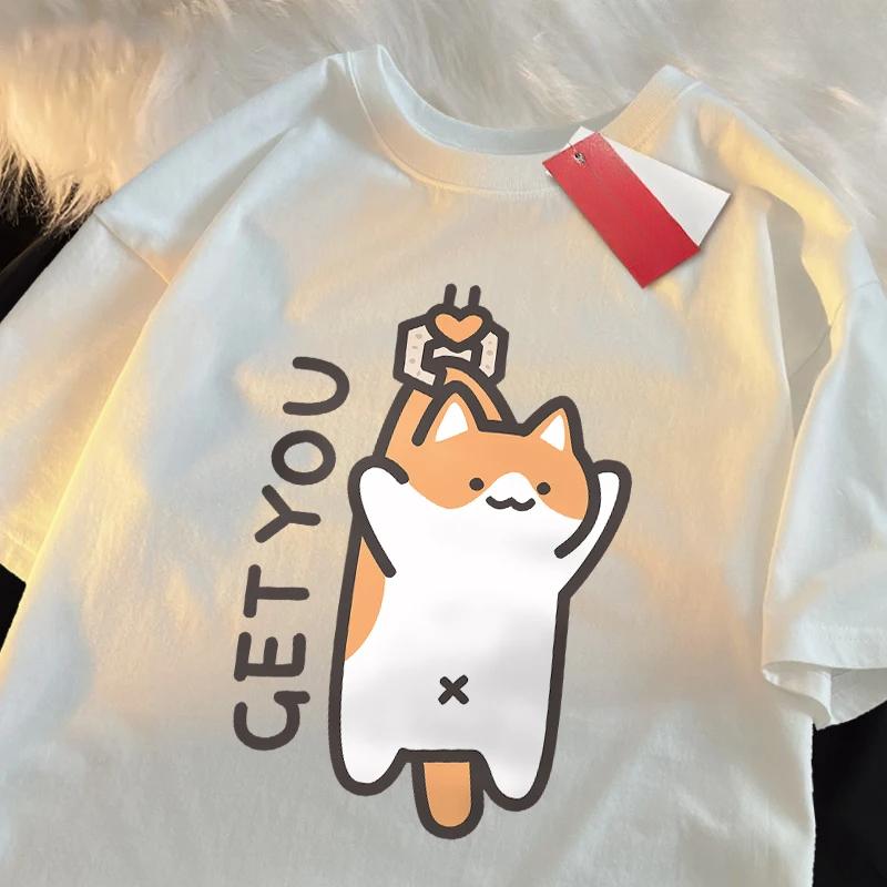 

Catching Baby Fun Cat Print Japanese Style Clothes Women Fashion Oversize T-Shirt Casual O-neck Tops Summer Loose T Shirt Y2K 4XL