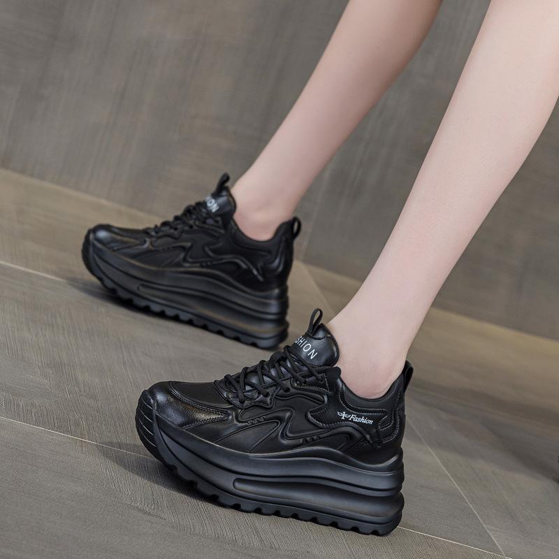 100% Genuine Leather Shoes Women Fashion Sneakers Flat Platform Height Increasing Shoes 7cm Brand Ladies Casual Shoes Black Beige