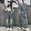 Cargo Jeans for Girls Spring Loose Casual Elastic Waist Teenage Children Wide Leg Pants Design Streetwear Kids Trousers
