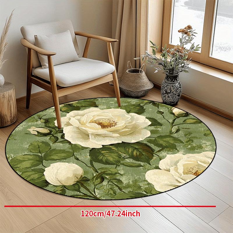 White Roses Green Leaves Pattern Round Shape Floor Mats Kitchen Hallway Runner Rug Bedroom Living Room Soft Carpet Non-slip Area Rug