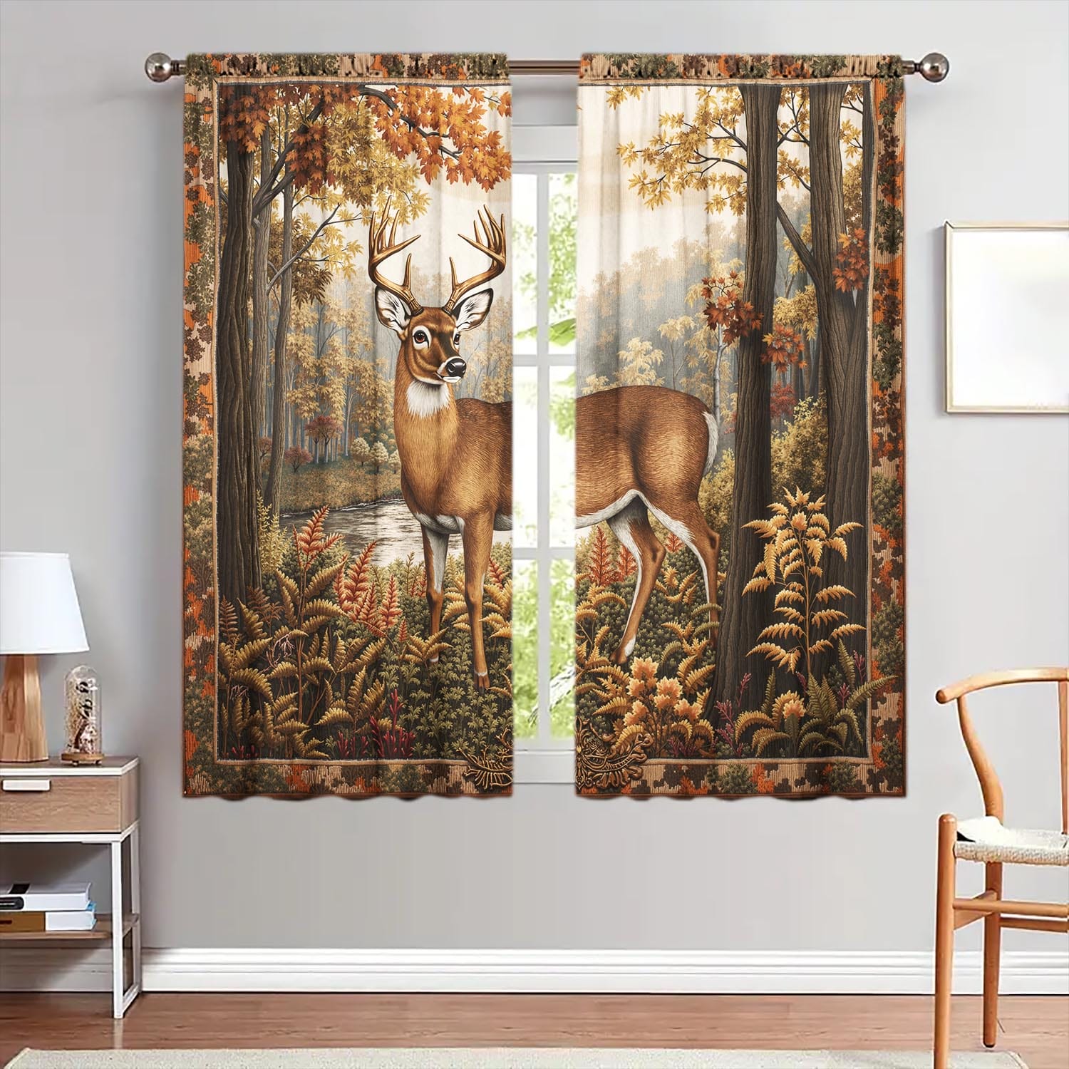 

Set Of 2 American Elk Forest Decorative Curtains Uv Insulation Privacy Protection Retro Style Made Polyester W100*H70(CM)-Grommet top&2PCS