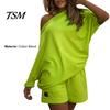Summer Top Set 2 Pcs/Set Women Tracksuit Solid Color One-shoulder Short Shorts Pants Leisure for Daily Wear